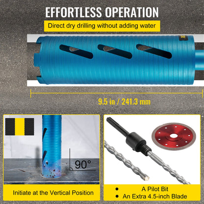 VEVOR Dry Core Drill Bit,  88.9 mm Diameter 11 Threaded, 241.3mm Depth Diamond Coring Bore Tool with a Pilot Bit &  Blade, Masonry Hole Saw Bits for Hard Concrete Brick