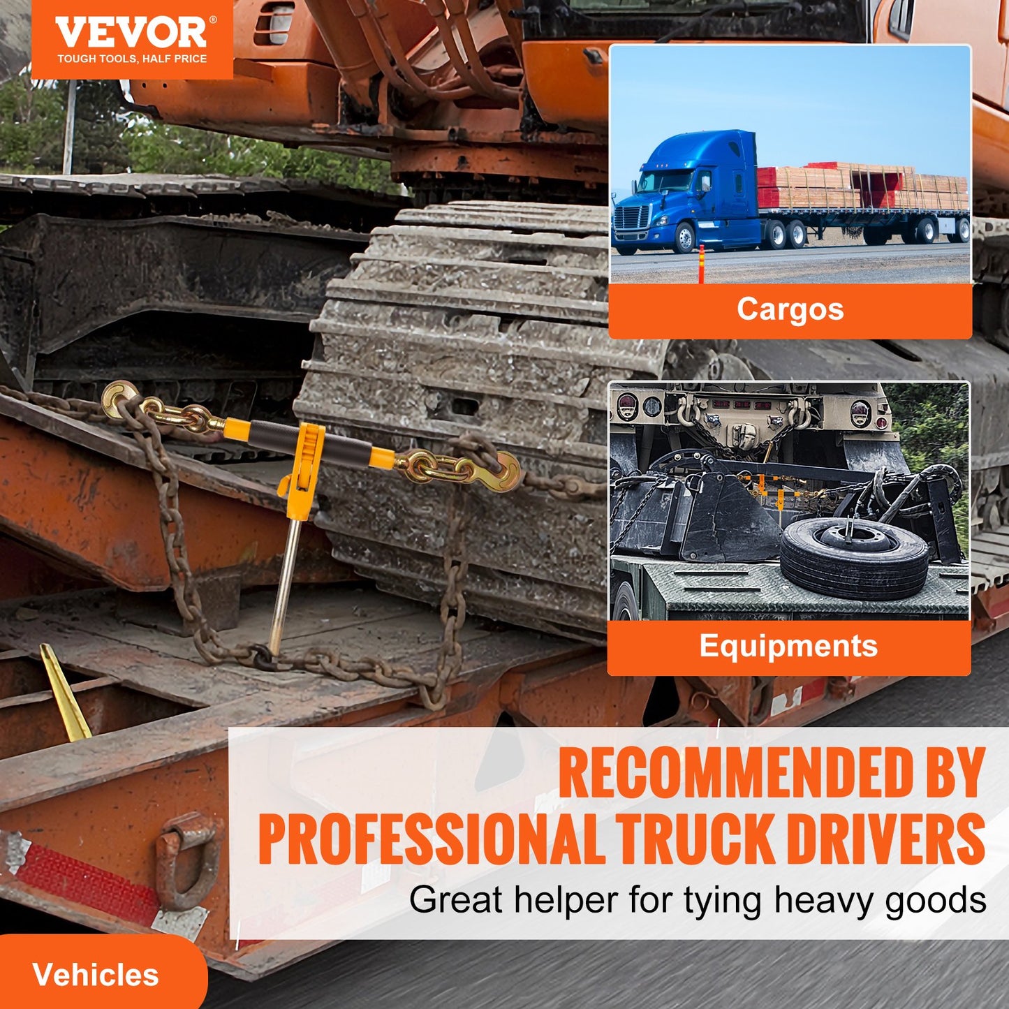 VEVOR Ratchet Chain Binder, 0.9-1.27 cm Heavy Duty Load Binders, with G80 Hooks 5443 kg Secure Load Limit, Labor-saving Anti-skid Handle, Tie Down Hauling Chain Binders for Flatbed Truck Trailer, 4 Pc