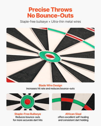 VEVOR Dart Board, High-Grade Self-Healing Sisal Fiber Dartboard with Staple-Free Bullseye, Blade Wire & Rotating Number Ring, 450mm Professional Dartboard for Home Party Game Room (Darts Not Included)