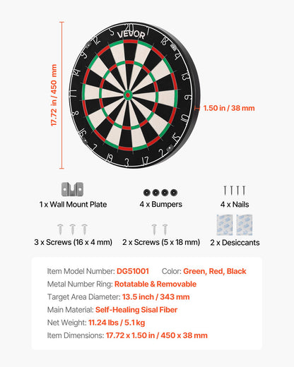 VEVOR Dart Board, High-Grade Self-Healing Sisal Fiber Dartboard with Staple-Free Bullseye, Blade Wire & Rotating Number Ring, 450mm Professional Dartboard for Home Party Game Room (Darts Not Included)