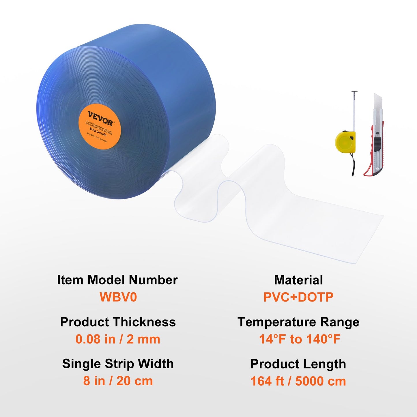 VEVOR Strip Curtain, 5000 cm Length x 20 cm Width x 2 mm Thickness, Clear PVC Smooth Curtain Strip Door Bulk Roll, Plastic Door Strips for Doorways of Supermarket, Garage, Warehouse, Barn, Pet House