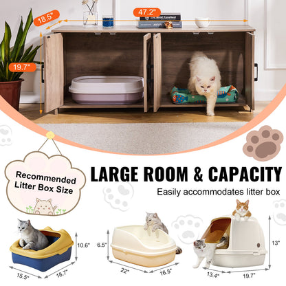 VEVOR Cat Litter Box Enclosure Wooden Litter Box Furniture Hidden 2 Rooms Greige