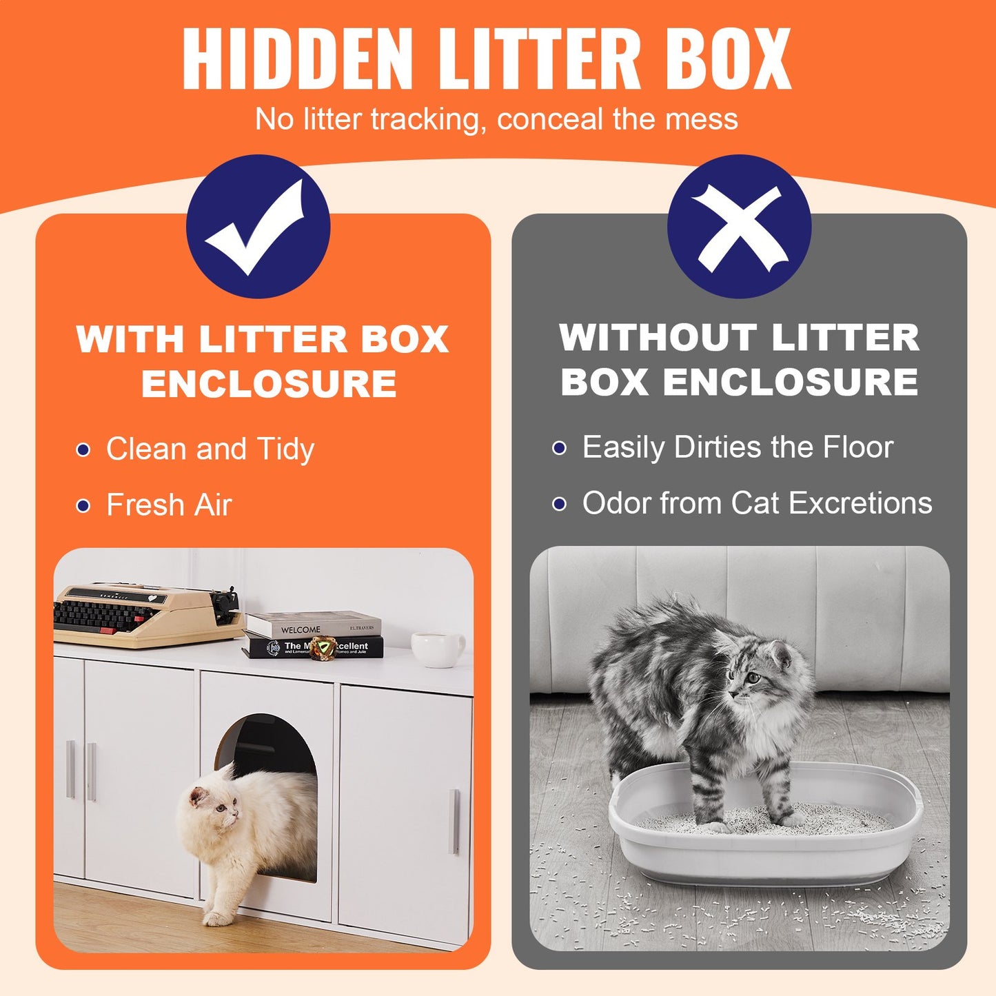 VEVOR Cat Litter Box Enclosure Wooden Litter Box Furniture Hidden 57.9" White