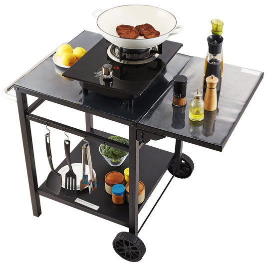 VEVOR Outdoor Grill Dining Cart with Double-Shelf, 55*55cm BBQ Movable Food Prep Table, Multifunctional Foldable Iron Table Top, Portable Modular Carts for Pizza Oven, Worktable with 2 Wheels, Carry Handle