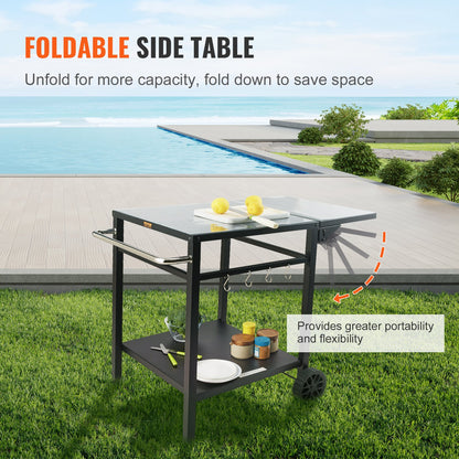 VEVOR Outdoor Grill Dining Cart with Double-Shelf, 55*55cm BBQ Movable Food Prep Table, Multifunctional Foldable Iron Table Top, Portable Modular Carts for Pizza Oven, Worktable with 2 Wheels, Carry Handle