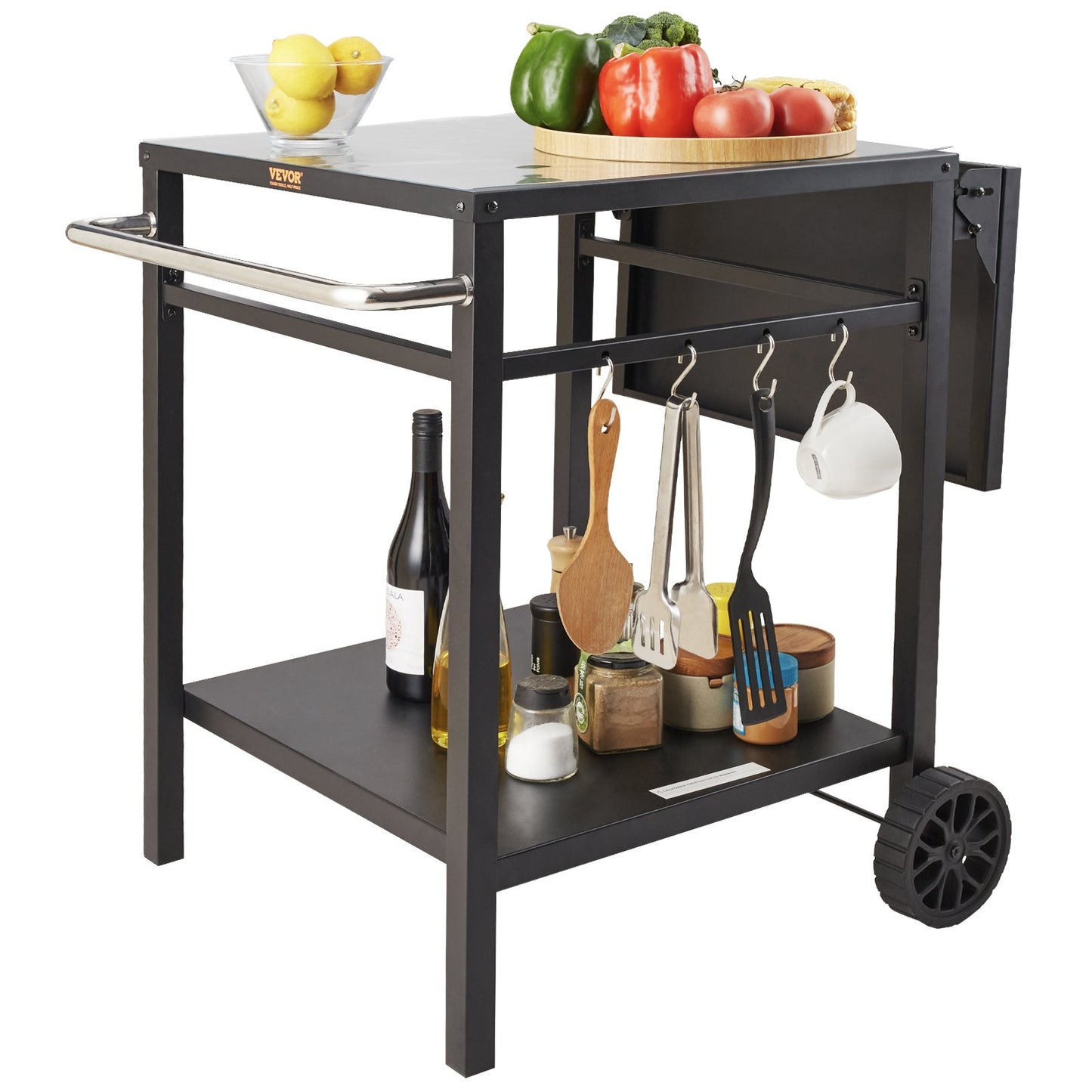 VEVOR Outdoor Grill Dining Cart with Double-Shelf, 55*55cm BBQ Movable Food Prep Table, Multifunctional Foldable Iron Table Top, Portable Modular Carts for Pizza Oven, Worktable with 2 Wheels, Carry Handle
