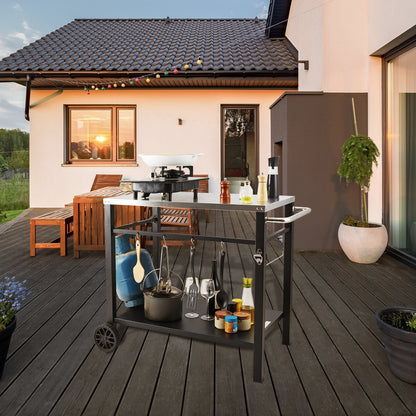 VEVOR Outdoor Grill Dining Cart with Double-Shelf, 85*55cm BBQ Movable Food Prep Table, Multifunctional Stainless Steel Table Top, Portable Modular Carts for Pizza Oven, Worktable with 2 Wheels, Carry Handle