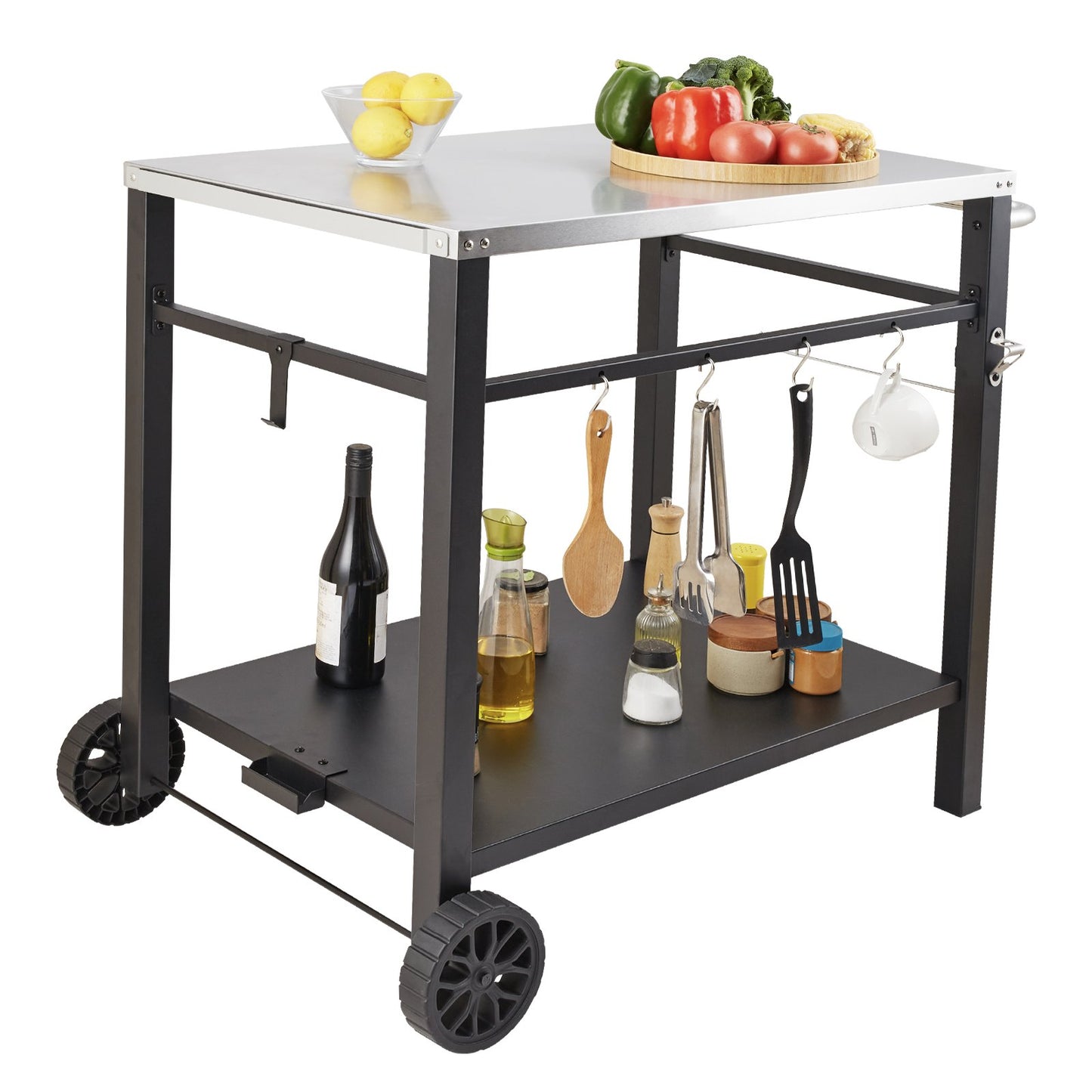 VEVOR Outdoor Grill Dining Cart with Double-Shelf, 85*55cm BBQ Movable Food Prep Table, Multifunctional Stainless Steel Table Top, Portable Modular Carts for Pizza Oven, Worktable with 2 Wheels, Carry Handle