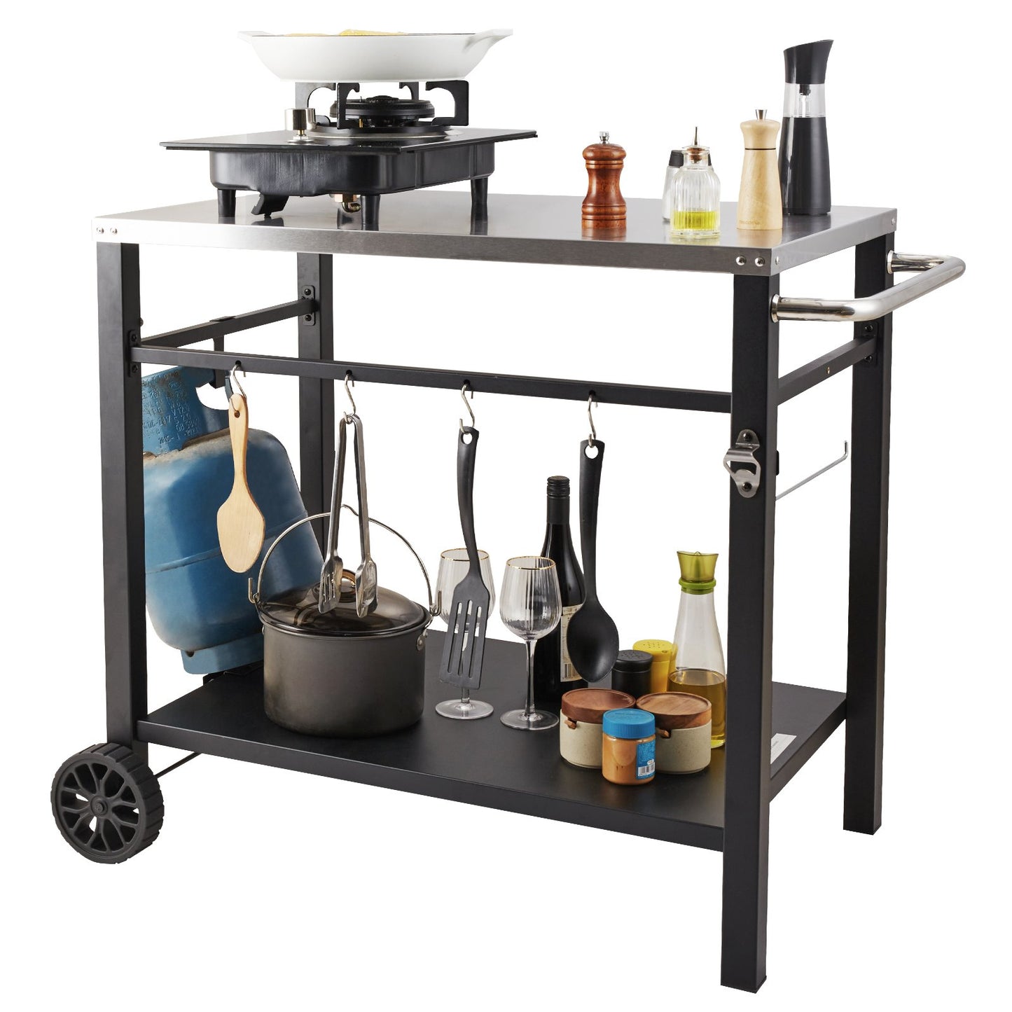 VEVOR Outdoor Grill Dining Cart with Double-Shelf, 85*55cm BBQ Movable Food Prep Table, Multifunctional Stainless Steel Table Top, Portable Modular Carts for Pizza Oven, Worktable with 2 Wheels, Carry Handle