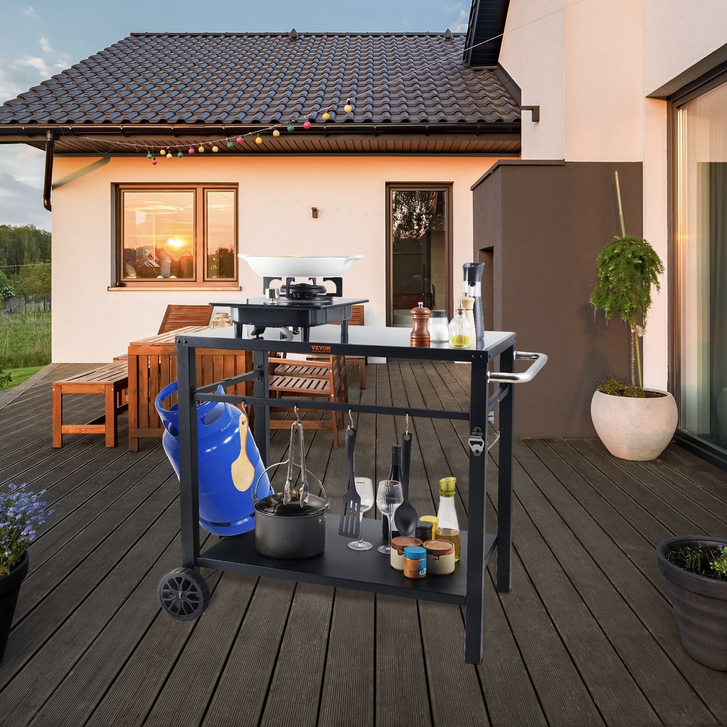 VEVOR Outdoor Grill Dining Cart with Double-Shelf,  85*55cm BBQ Movable Food Prep Table, Multifunctional Iron Table Top, Portable Modular Carts for Pizza Oven, Worktable with 2 Wheels, Carry Handle, Black