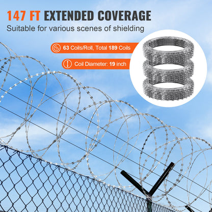 VEVOR Razor Wire Razor Barbed Wire 147ft 3Rolls Razor Wire Fencing Double Spiral