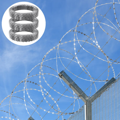 VEVOR Razor Wire Razor Barbed Wire 147ft 3Rolls Razor Wire Fencing Double Spiral