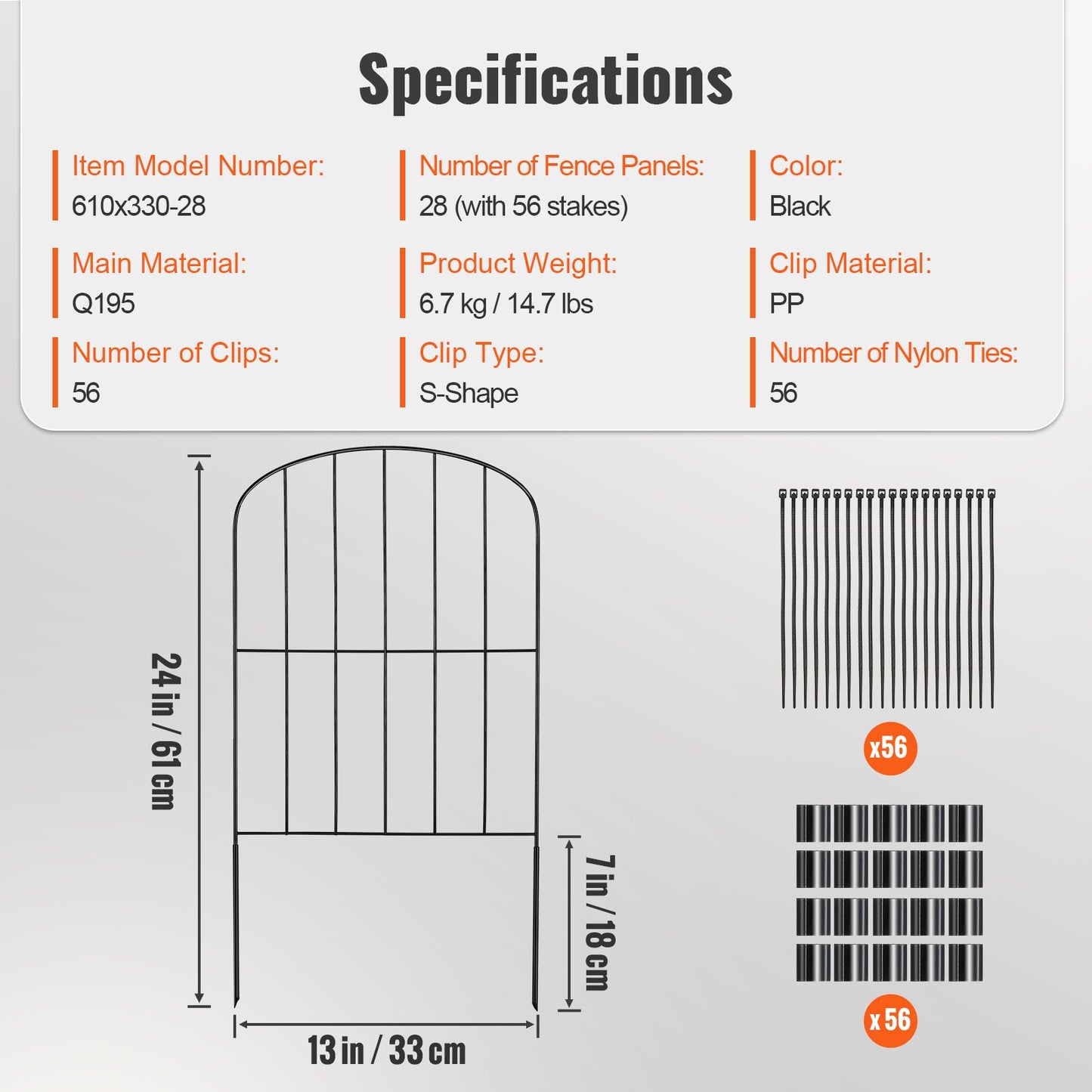 VEVOR Garden Fence, No Dig Fence 61 x 33 cm Animal Barrier Fence, Underground Decorative Garden Fencing with 5.08 cm Spike Spacing, Metal Dog Fence for the Yard and Outdoor Patio, 28 Pack