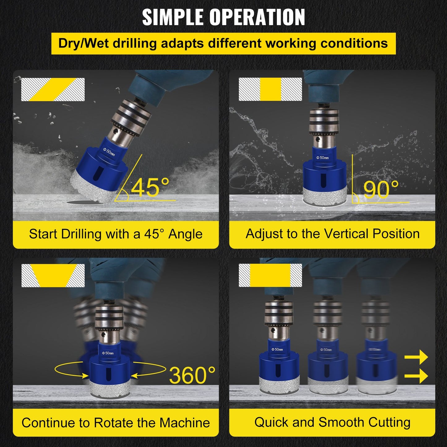 VEVOR Diamond Drill Bits 4PCS Diamond Hole Saw 35/40/50/68mm Tile Hole Saw Kit Vacuum Brazed Diamond Drill Bit 0.59in/15mm Segment Tile Hole Saw w Storage Case for Tile Ceramic Porcelain Marble Stone
