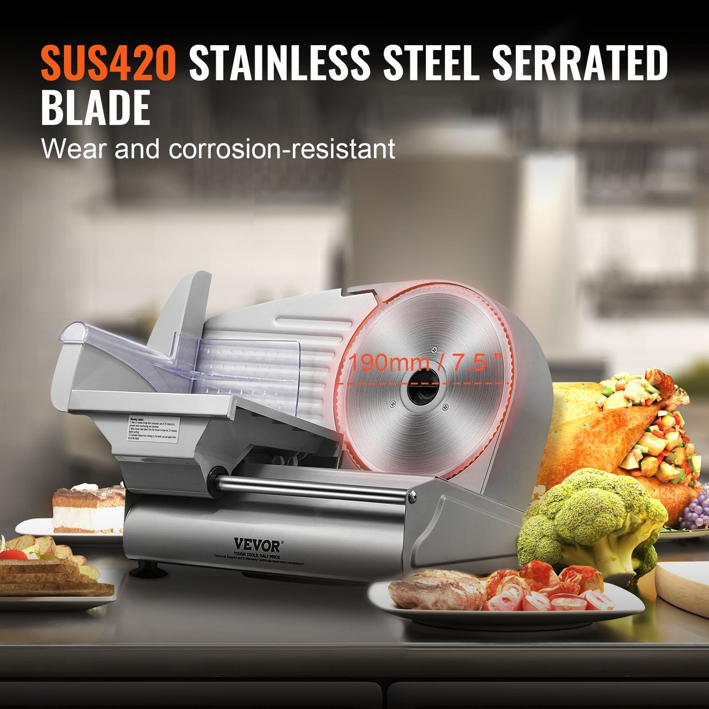 VEVOR Meat Slicer, 180W Electric Deli Food Slicer with 7.5" SUS420 Stainless Steel Blade and Blade Guard, 0 - 0.6 inch Adjustable Thickness for Home Use, Easy to Clean, Cut Meat, Bread, Ham and Cheese