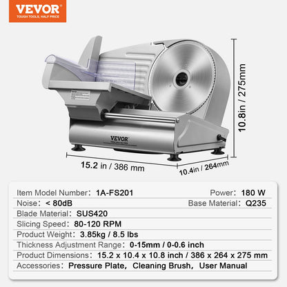 VEVOR Meat Slicer, 180W Electric Deli Food Slicer with 7.5" SUS420 Stainless Steel Blade and Blade Guard, 0 - 0.6 inch Adjustable Thickness for Home Use, Easy to Clean, Cut Meat, Bread, Ham and Cheese