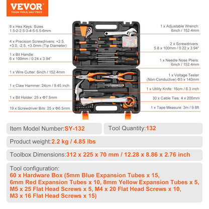 VEVOR Tool Kit 132 Piece General Household Hand Tool Set with Portable Tool Case