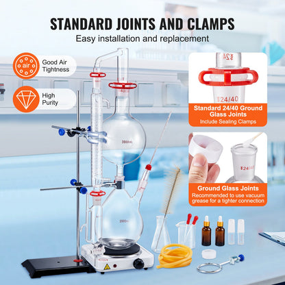VEVOR Essential Oil Distillation Kit, 2000ml Distillation Apparatus, 3.3 Boro Lab Glassware Distillation Kit with 1000W Heating Plate and 24, 40 Joint, 28 pcs Set