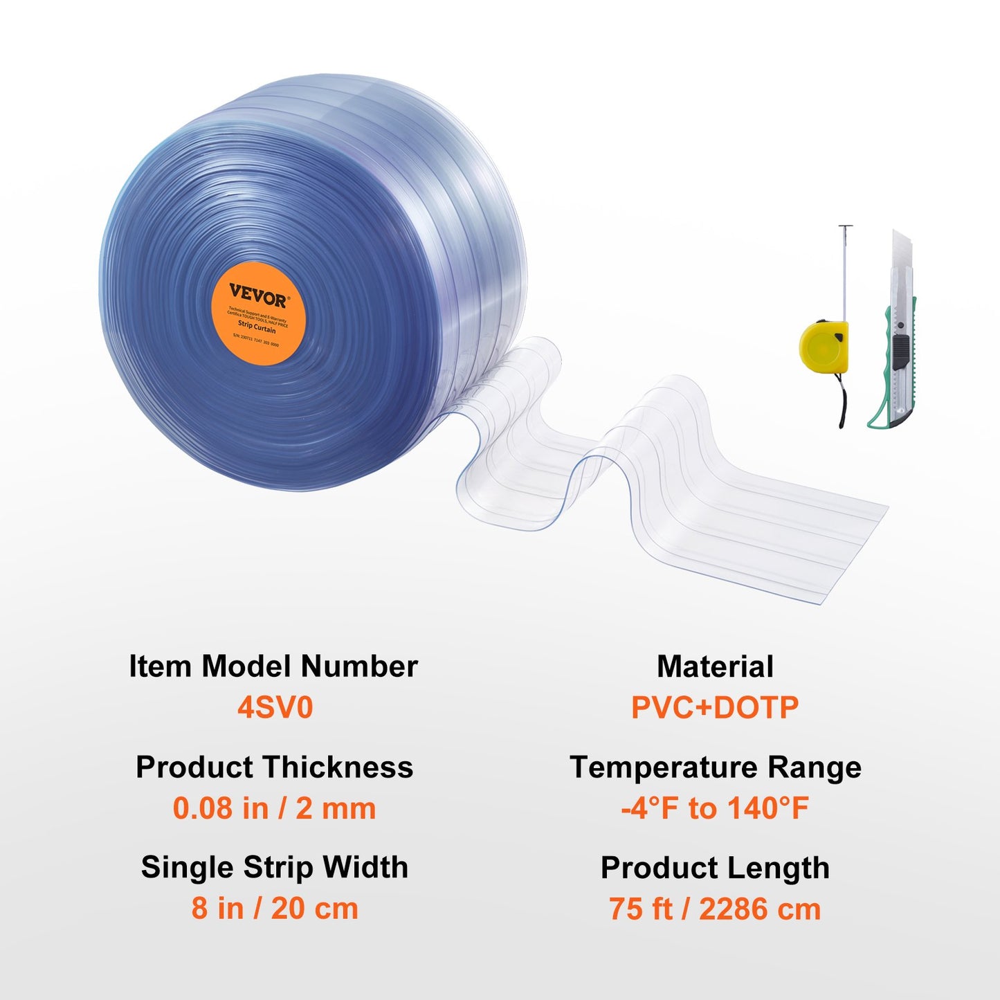 VEVOR Strip Curtain, 2286 cm L x 20 cm W x 2 mm Thickness, Clear Ribbed PVC Curtain Strip Door Bulk Roll, Plastic Door Strips for Doorways of Supermarket, Garage, Warehouse, Barn, Pet Animal House