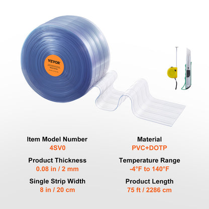 VEVOR Strip Curtain, 2286 cm L x 20 cm W x 2 mm Thickness, Clear Ribbed PVC Curtain Strip Door Bulk Roll, Plastic Door Strips for Doorways of Supermarket, Garage, Warehouse, Barn, Pet Animal House