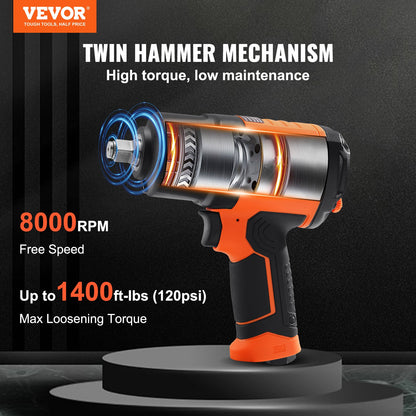 VEVOR 1/2-Inch Air Impact Wrench, High Torque Up to 1400 ft-lbs, Lightweight 4.6 lb Design Pneumatic Impact Gun with 11-PCS 1/2-Inch Drive CR-V Steel Impact Socket Set & Carrying Case
