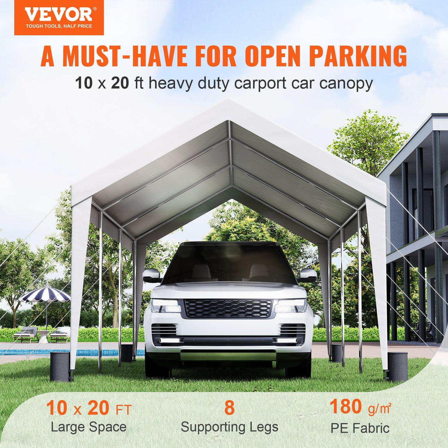 Carport Car Canopy Garage Shelter Tent 10x20ft with 8 Poles for Auto Boats