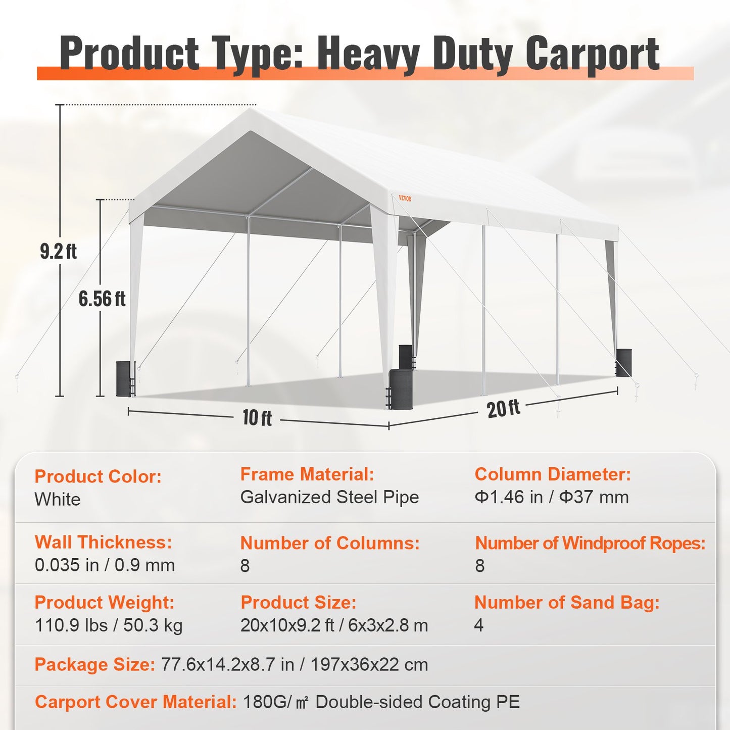 Carport Car Canopy Garage Shelter Tent 10x20ft with 8 Poles for Auto Boats