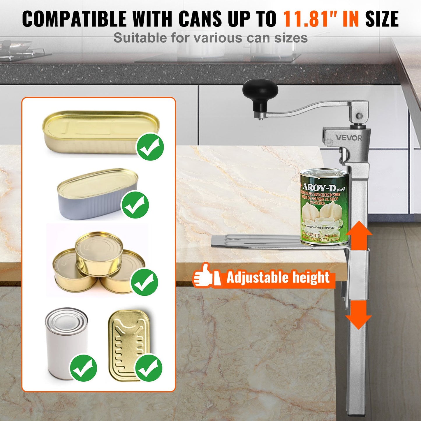 VEVOR Commercial Can Opener, Heavy-Duty Manual Tabletop Cans Opener for Cans Up to 300 mm Height, Height-Adjustable Professional Can Openers Fixed with Screws, for Restaurant, Hotel, and Food Store