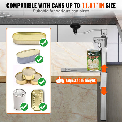 VEVOR Commercial Can Opener, Heavy-Duty Manual Tabletop Cans Opener for Cans Up to 300 mm Height, Height-Adjustable Professional Can Openers with Stainless Steel Blade, for Restaurant & Food Store