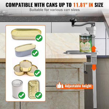 VEVOR Commercial Can Opener, Heavy-Duty Manual Tabletop Cans Opener for Cans Up to 300 mm Height, Height-Adjustable Can Openers Fixed with Screws & Table Clamp, for Restaurant, Hotel, and Food Store