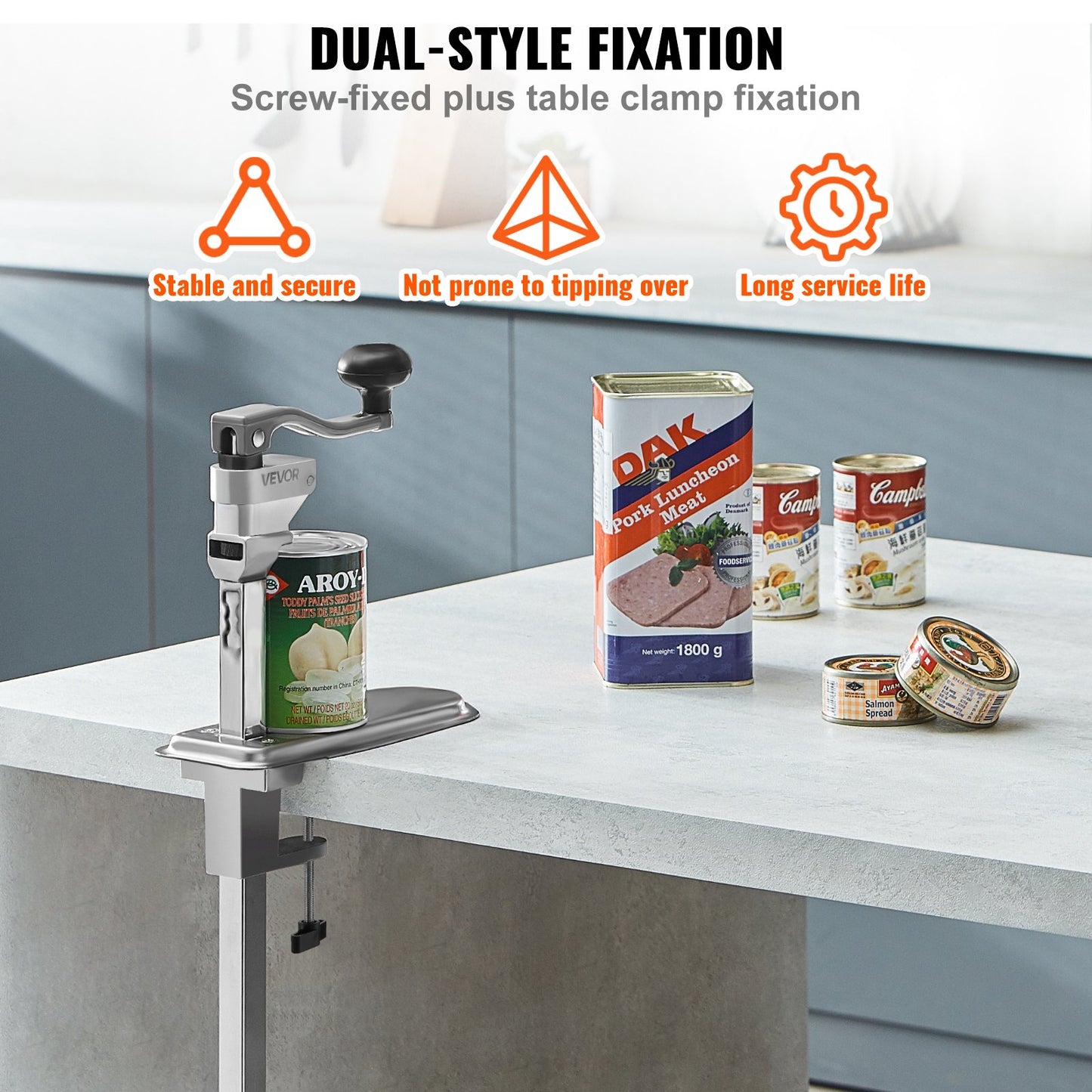 VEVOR Commercial Can Opener, Heavy-Duty Manual Tabletop Cans Opener for Cans Up to 300 mm Height, Height-Adjustable Can Openers Fixed with Screws & Table Clamp, for Restaurant, Hotel, and Food Store