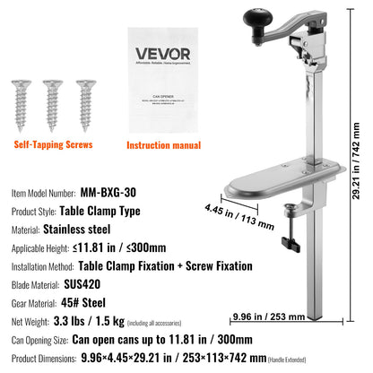 VEVOR Commercial Can Opener, Heavy-Duty Manual Tabletop Cans Opener for Cans Up to 300 mm Height, Height-Adjustable Can Openers Fixed with Screws & Table Clamp, for Restaurant, Hotel, and Food Store