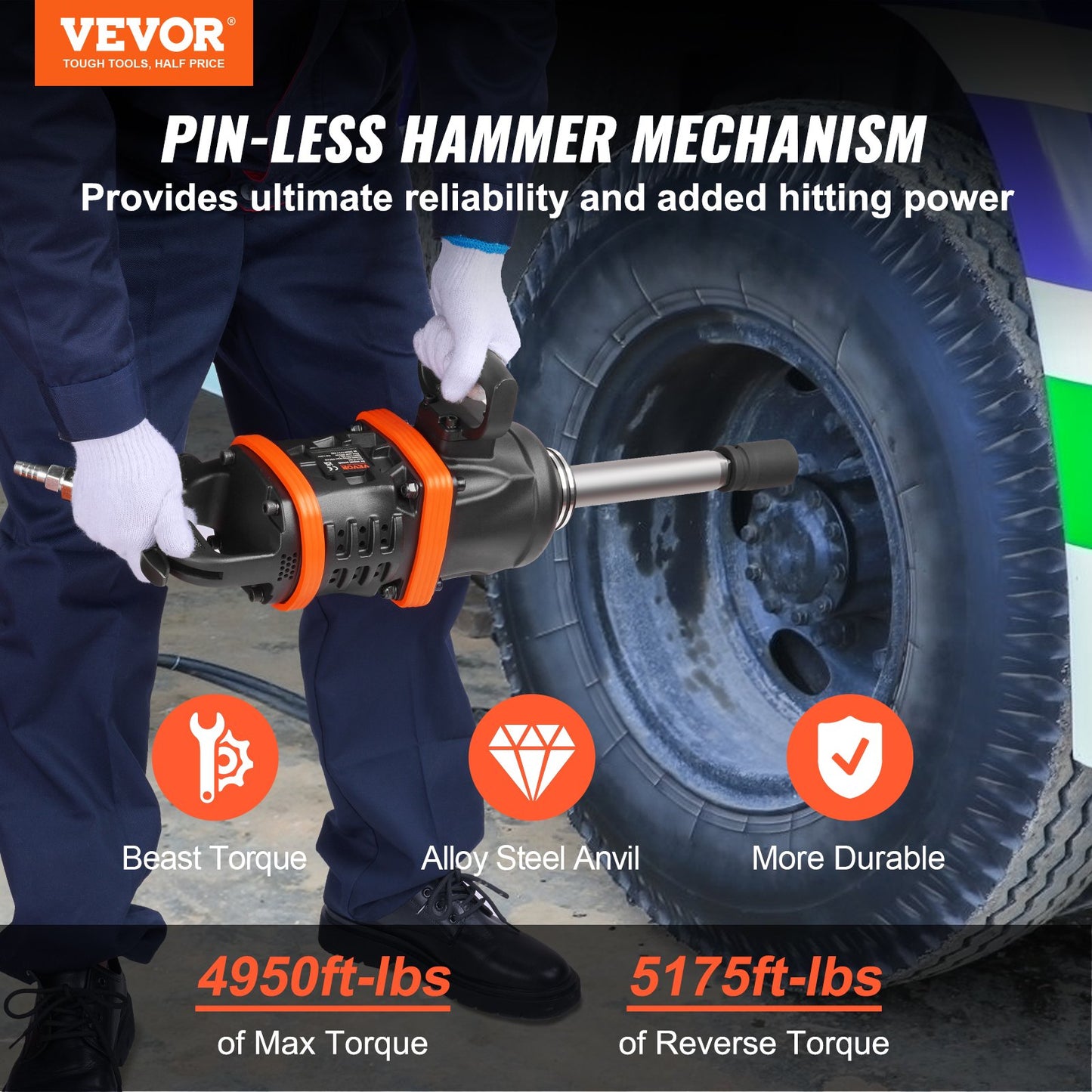 VEVOR 1 Inch Air Impact Wrench, Up to 5175 ft-lbs Beast Reverse Torque Output Pneumatic Impact Gun w/ 8 Inch Extended Anvil for Repairs_nd_aintenance of Heavy Duty Machinery / Semi-Truck / Bus