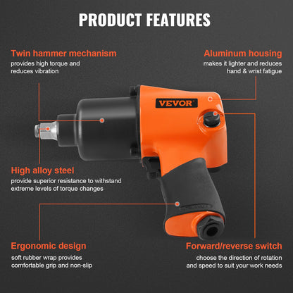 VEVOR Air Impact Wrench 1/2" Square Drive 880ft-lbs Nut-busting Torque 90-120PSI