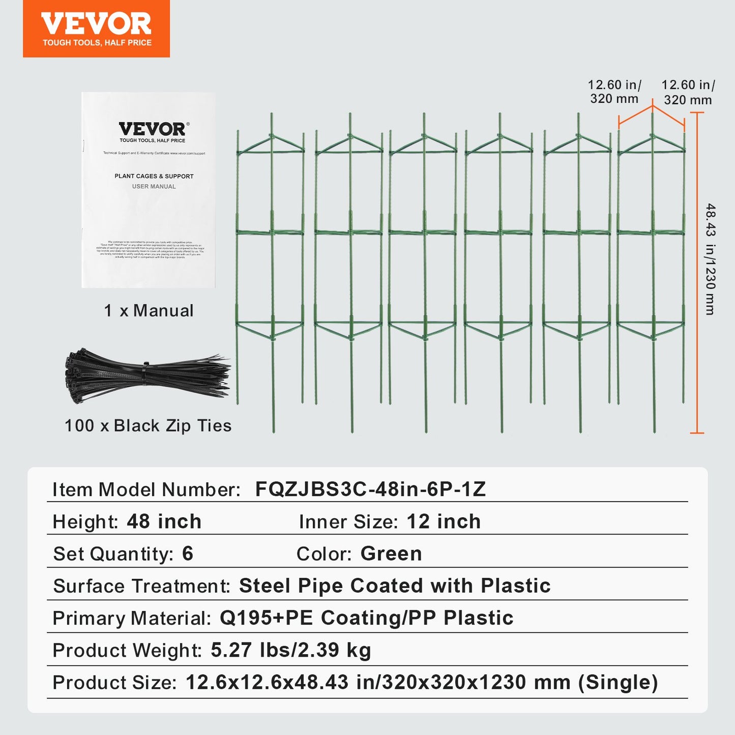 VEVOR 6 Packs Tomato Cages for Garden, 1230 mm Tomato Trellis Plant Stakes Support, Stackable Tall Plant Support Cage, for Raised Garden Bed, Vegetables Flowers and Climbing Plants