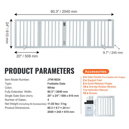 VEVOR Free Standing Dog Gate, 24" H x 80.3" W Freestanding Pet Gate, 4 Panels Foldable Dog Gate for Wide and Narrow Passageways, Expandable Dog Barrier with Silent Foot Support for Indoor, White