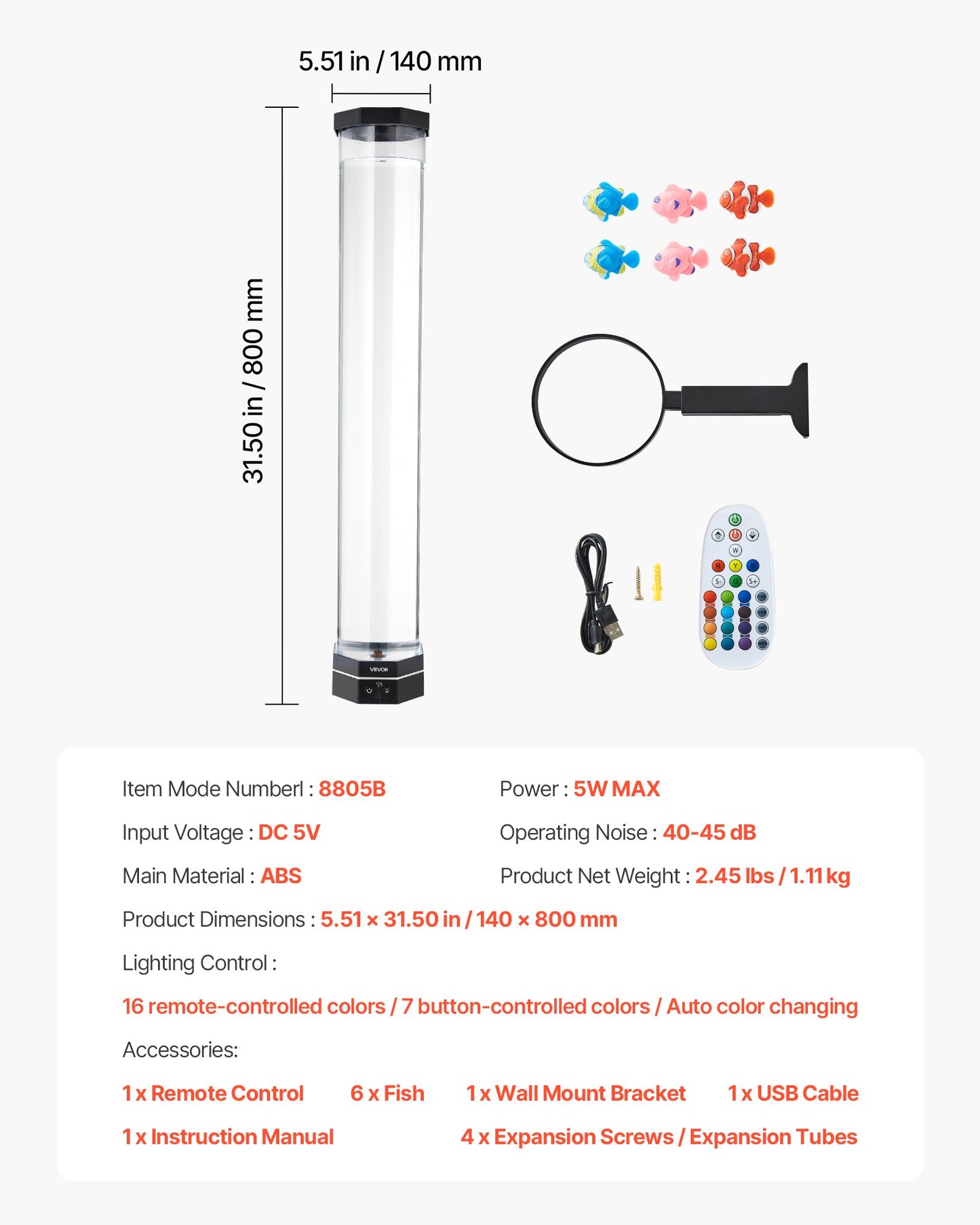 VEVOR Bubble Tube Lamp 16 Color 80 cm Sensory Aquarium Lamp for Relief Calming
