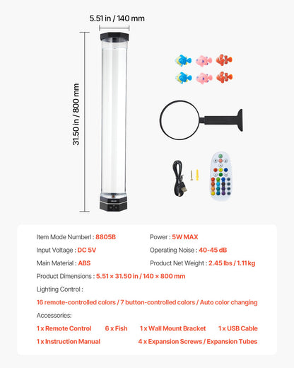 VEVOR Bubble Tube Lamp 16 Color 80 cm Sensory Aquarium Lamp for Relief Calming