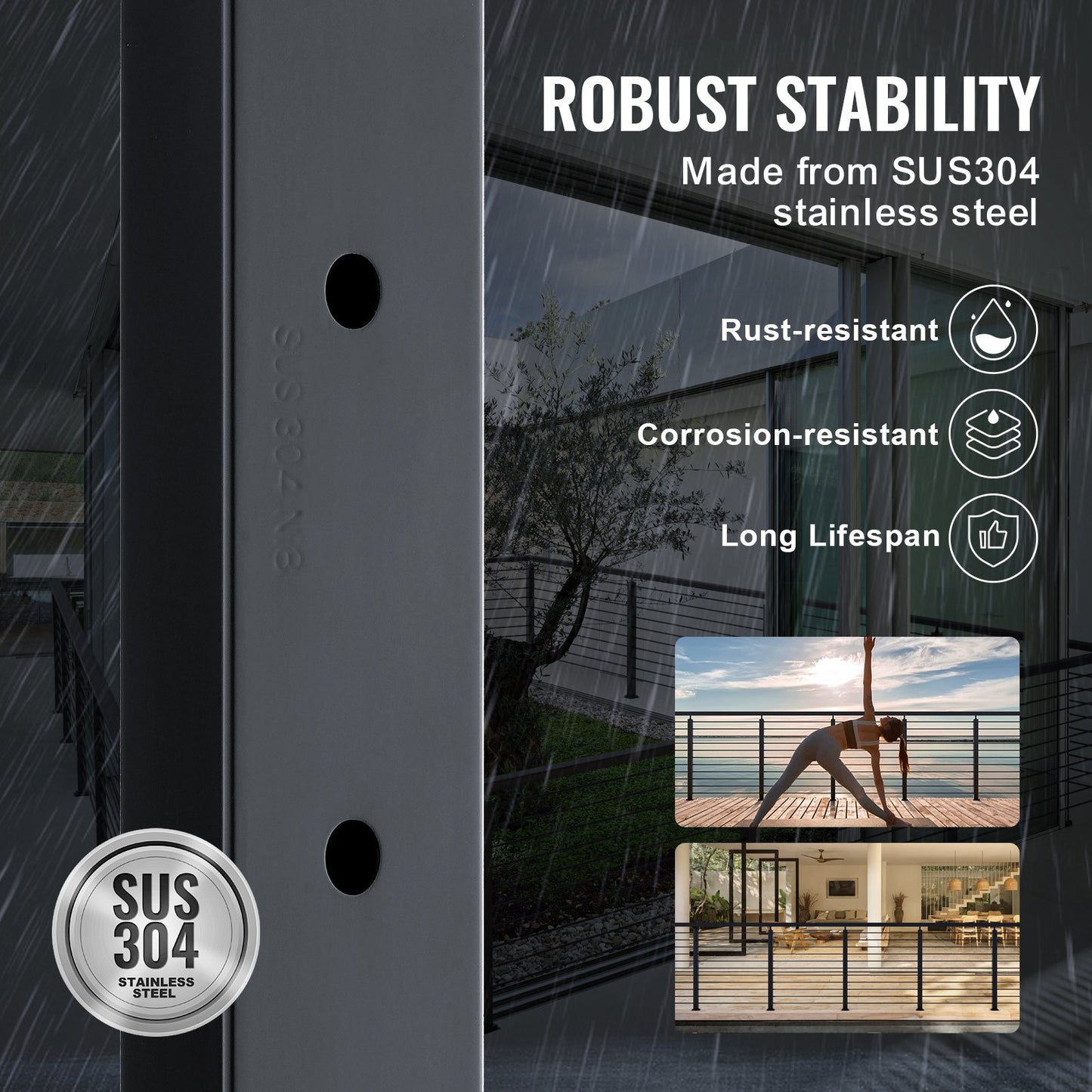 VEVOR Cable Railing Post Level Deck Stair Post 42 x 1.97 x 1.97" Cable Handrail Post Stainless Steel Brushed Finishing Deck Railing Pre-Drilled Pickets with Mounting Bracket Stair Railing Kit Black 106.7*5*5cm
