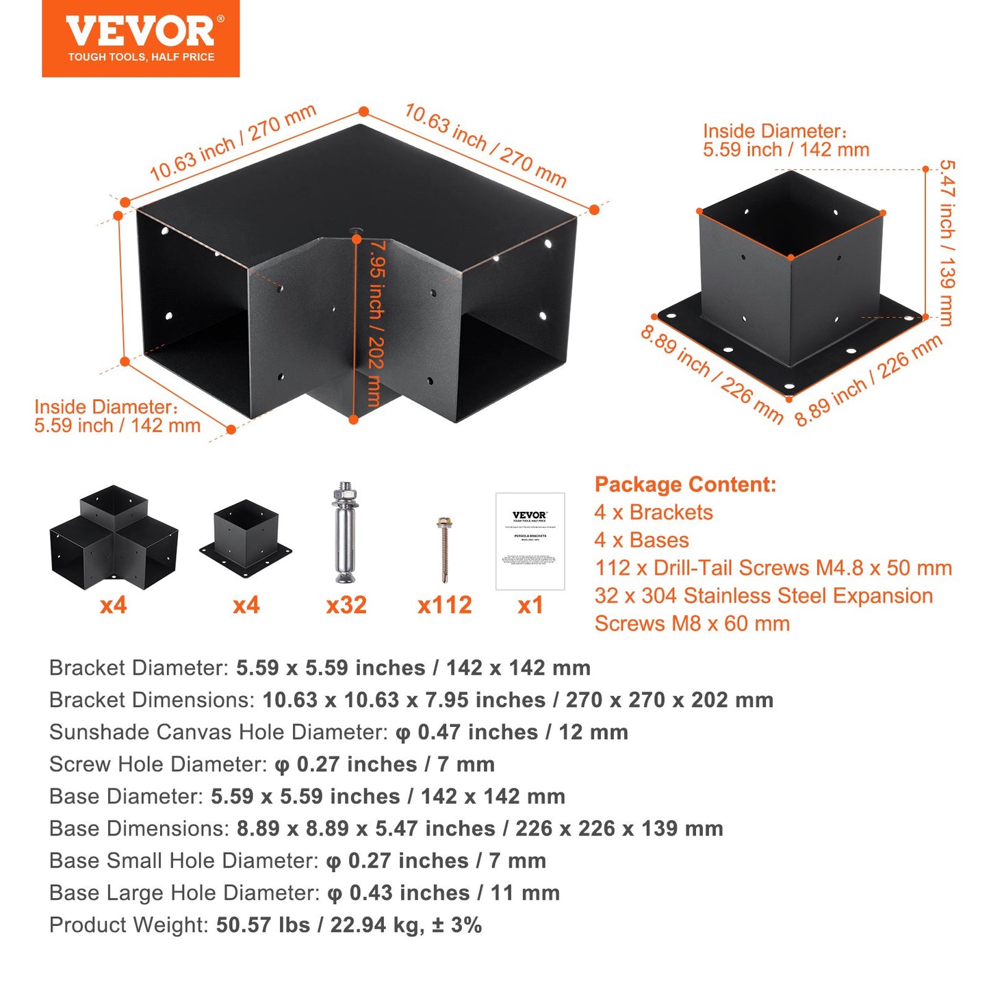 Pergola Bracket Kit 152.4 x 152.4 mm, 8pcs 3-Way Heavy Duty Corner Bracket Woodworks DIY Post Base, Easy Installation Wooden Beams for Gazebos, Patio Pergolas, Log Cabin Outdoor Pergola Hardware