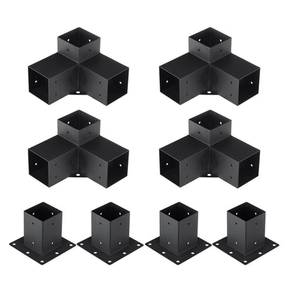 Pergola Bracket Kit 4''x4''(inner 3.6''x3.6''), 8pcs (4pcs 3-Way,4pcs Base) Heavy Duty Corner Bracket Woodworks DIY Post Base Kit, Easy Installation Wooden Beams for Gazebos, Patio Pergolas, Log Cabin Outdoor