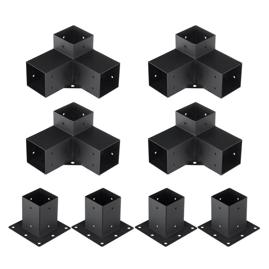 Pergola Bracket Kit 4''x4''(inner 3.6''x3.6''), 8pcs (4pcs 3-Way,4pcs Base) Heavy Duty Corner Bracket Woodworks DIY Post Base Kit, Easy Installation Wooden Beams for Gazebos, Patio Pergolas, Log Cabin Outdoor