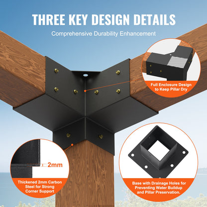 Pergola Bracket Kit 4''x4''(inner 3.6''x3.6''), 8pcs (4pcs 3-Way,4pcs Base) Heavy Duty Corner Bracket Woodworks DIY Post Base Kit, Easy Installation Wooden Beams for Gazebos, Patio Pergolas, Log Cabin Outdoor