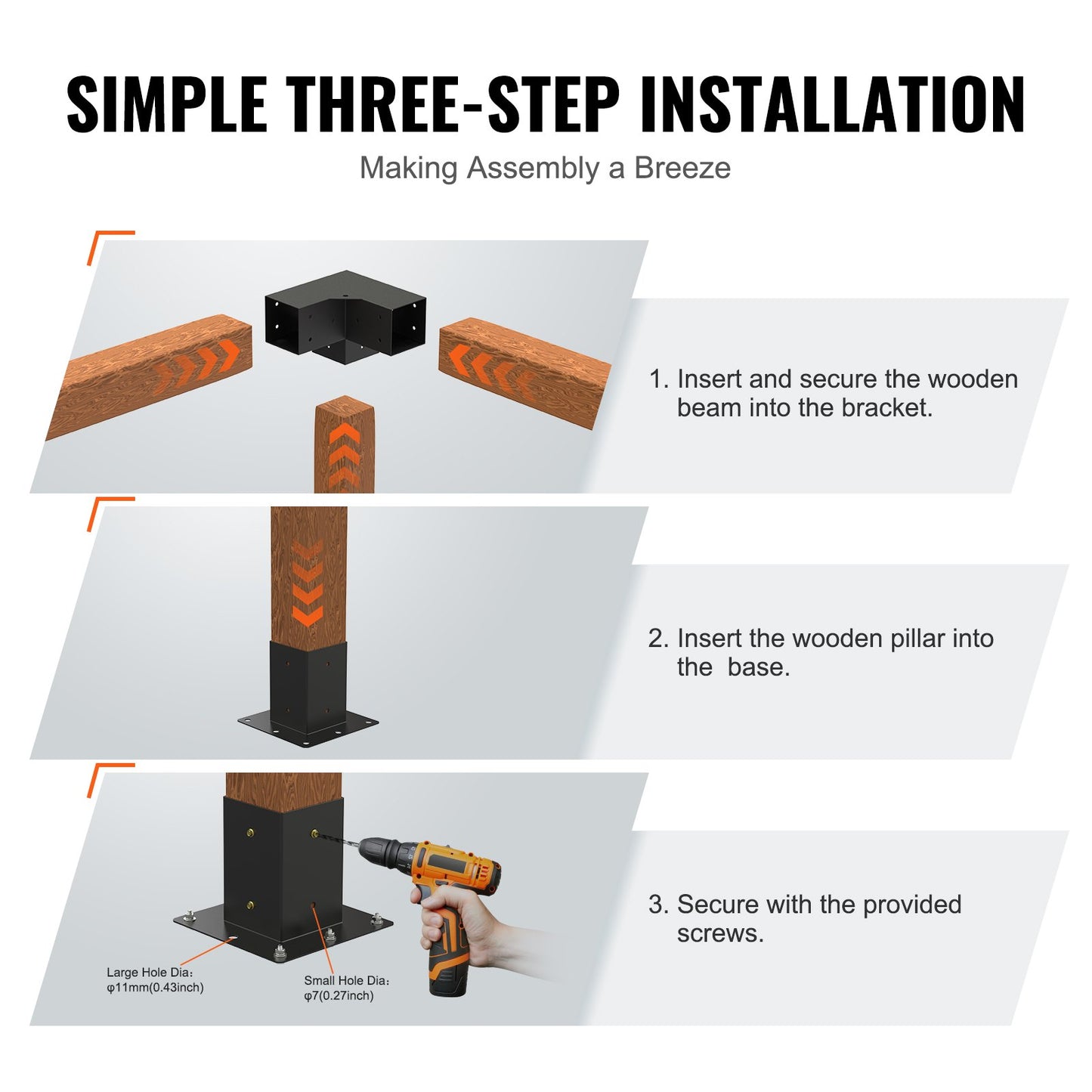 Pergola Bracket Kit 4''x4''(inner 3.6''x3.6''), 8pcs (4pcs 3-Way,4pcs Base) Heavy Duty Corner Bracket Woodworks DIY Post Base Kit, Easy Installation Wooden Beams for Gazebos, Patio Pergolas, Log Cabin Outdoor