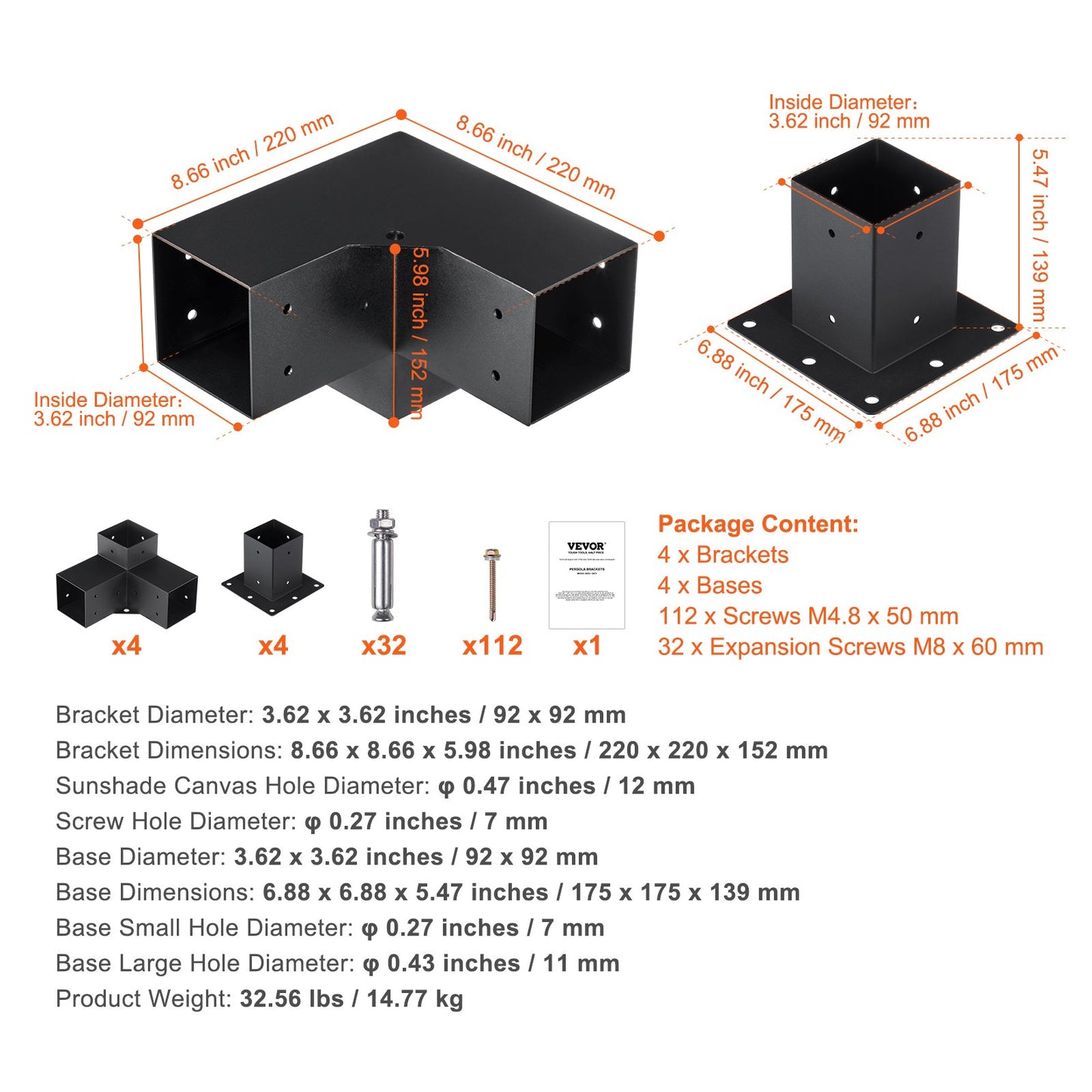 Pergola Bracket Kit 4''x4''(inner 3.6''x3.6''), 8pcs (4pcs 3-Way,4pcs Base) Heavy Duty Corner Bracket Woodworks DIY Post Base Kit, Easy Installation Wooden Beams for Gazebos, Patio Pergolas, Log Cabin Outdoor