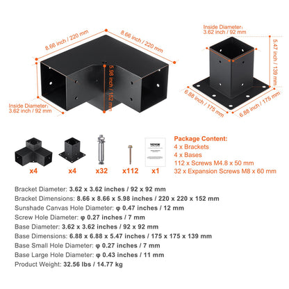 Pergola Bracket Kit 4''x4''(inner 3.6''x3.6''), 8pcs (4pcs 3-Way,4pcs Base) Heavy Duty Corner Bracket Woodworks DIY Post Base Kit, Easy Installation Wooden Beams for Gazebos, Patio Pergolas, Log Cabin Outdoor
