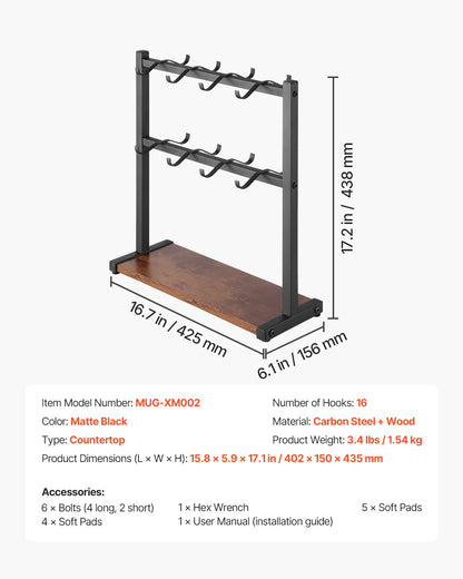 VEVOR Coffee Mug Holder for Countertop 16 Hooks Cup Rack with Wood Storage Base