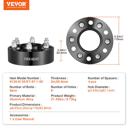 VEVOR 2" 6"x5.3" Wheel Spacers Wheel Adapters 6 Lug Forged Spacer 4 PCS Black