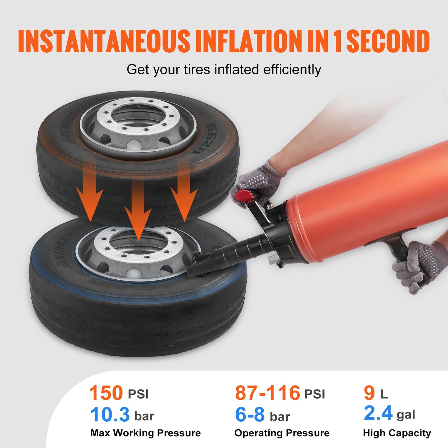 VEVOR Tire Bead Seater, 2.4 Gal/9 L Air Tire Bead Blaster, 150 PSI Handheld Bead Bazooka, Portable Tire Inflator Tool, 87-116 PSI Operating Pressure for Tractor Truck ATV Car and Automobile Repair