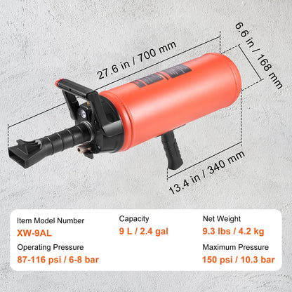 VEVOR Tire Bead Seater, 2.4 Gal/9 L Air Tire Bead Blaster, 150 PSI Handheld Bead Bazooka, Portable Tire Inflator Tool, 87-116 PSI Operating Pressure for Tractor Truck ATV Car and Automobile Repair